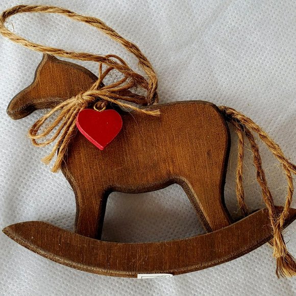 Vintage "Midwest" Taiwan Wooden Rocking Horse w/ Heart Christmas Ornament - Picture 7 of 8